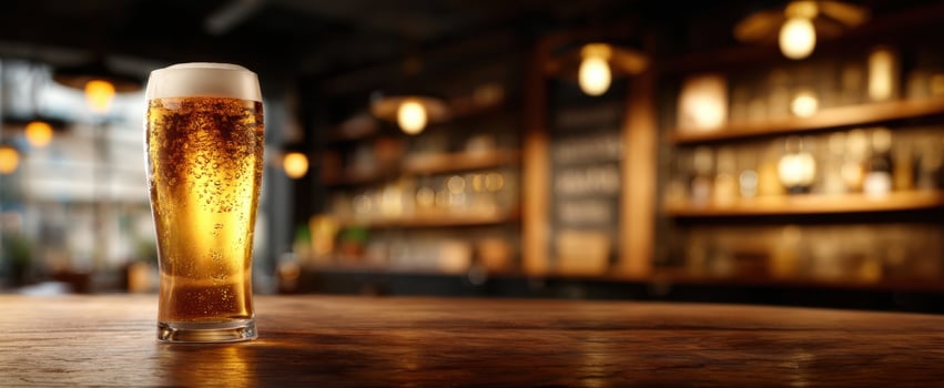 The cold beer glass resting on a wooden table in a cozy pub setting. photo