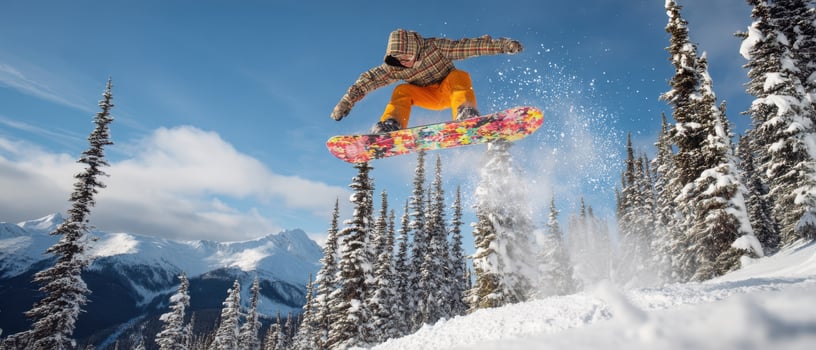 The snowboarder performing an impressive jump against a stunning winter backdrop. photo