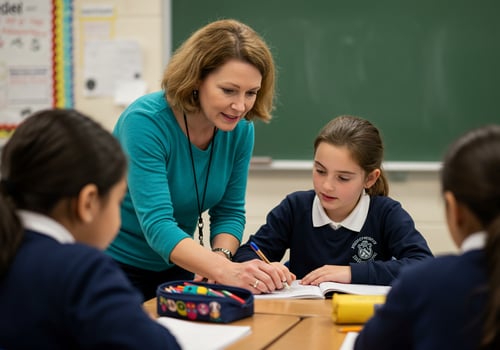 Teacher Helping Student in Classroom with Other Students, Education Scene photo