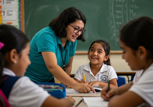 Teacher helping student in classroom with chalkboard in background, education concept photo