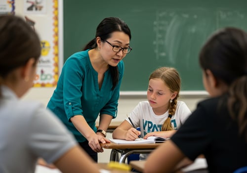 Teacher helps student write in class, chalkboard background, for education usage photo