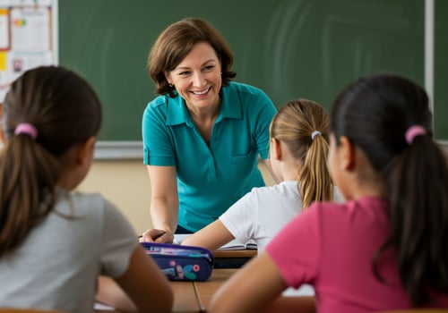 Teacher teaching young students in the classroom, school setting, education concept photo