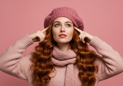 Thoughtful woman thinking in pink studio with hand gesture for mental representation photo