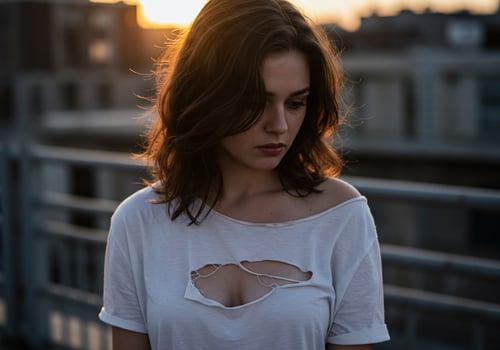 Thoughtful young woman looks down on rooftop during sunset in urban scene photo