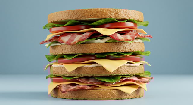A stack of three sandwiches with cheese, bacon, lettuce and tomato photo