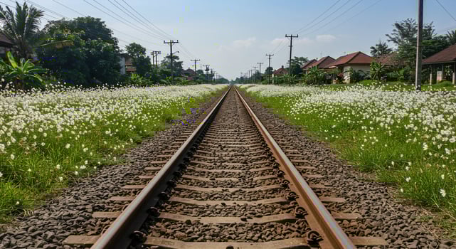 Train tracks run through wildflowers, suburban houses visible in the background photo