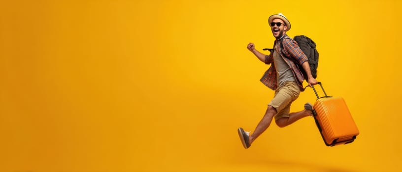 The joyful traveler running with a suitcase against a vibrant yellow backdrop. photo
