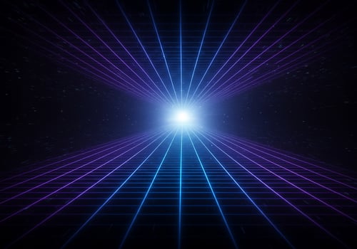 Tunnel of glowing light, virtual neon grid lines in abstract cyberspace photo