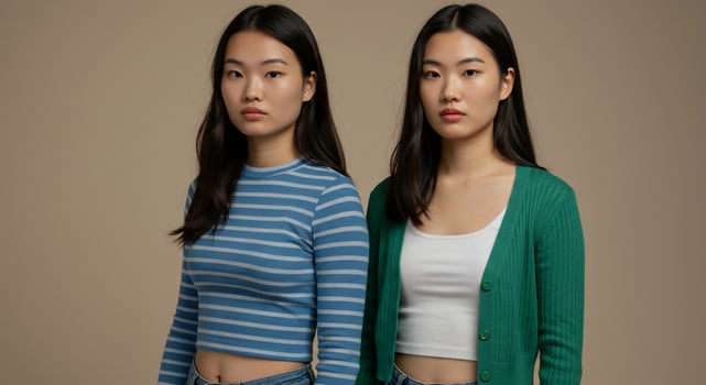Two asian women wearing striped tops and jeans photo