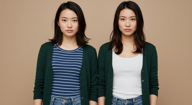 Two asian women wearing green cardigans photo