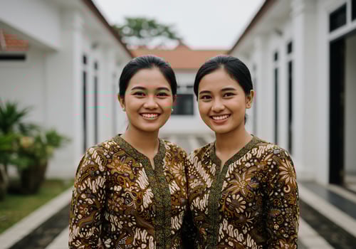 Twin women in batik dress, standing and smiling in front of a building, tourism photo