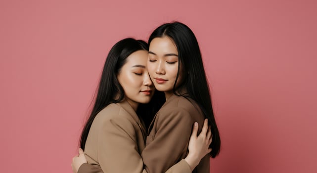 Two Asian Women Embrace in Comfort and Support on Pink photo