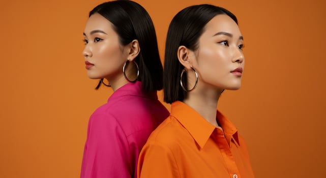 Two Asian Women with Bold Colors and Hoop Earrings photo