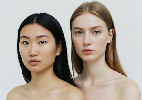 Two diverse women posing in studio, skin care and cosmetic advertisements photo