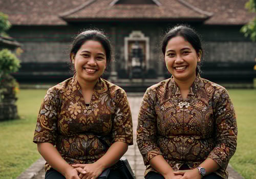 Two women smiling in Balinese attire in front of a building. Possible tourism use photo
