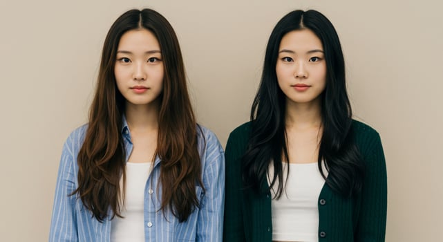 Two Young Asian Women Stand Side by Side photo