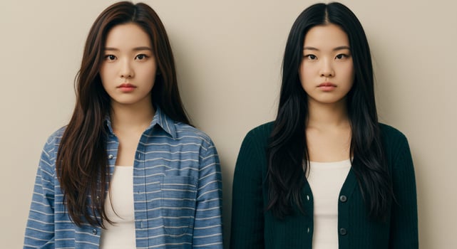 Two Young Women, Serious Expressions, Neutral Background photo