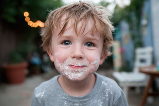 A young boy with a white face covered in flour photo