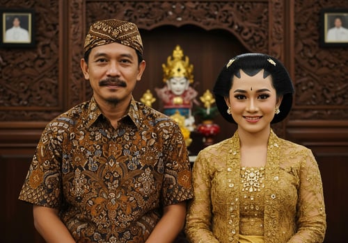 Wedding couple dressed in traditional Javanese clothing, smiling at ceremony backdrop photo