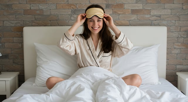A woman in a robe sitting on a bed with a pillow photo