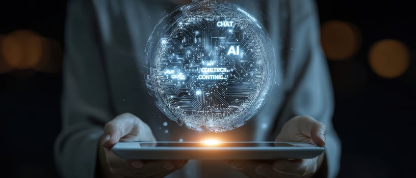 The futuristic holographic globe displaying artificial intelligence concepts held in hands. photo