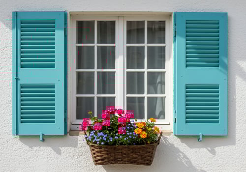 Window with blue shutters and flowers in basket on a white wall for decoration photo