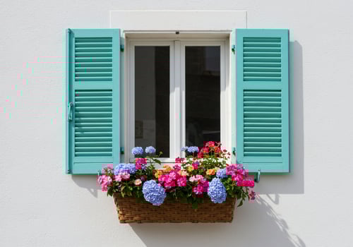 Window with shutters and colorful flowers on white wall. Architecture, travel photo
