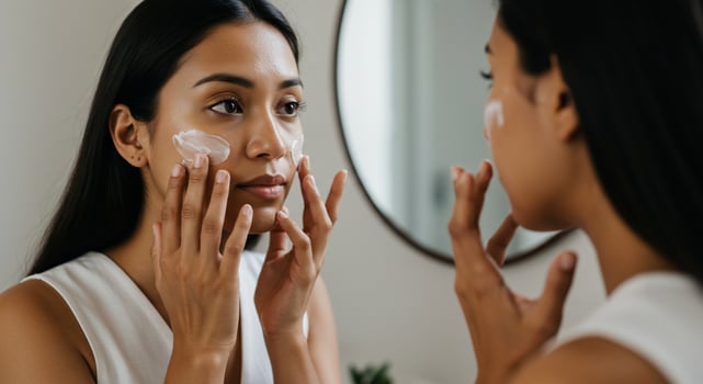 Woman applies cream in mirror, beauty routine, skincare, healthy lifestyle photo