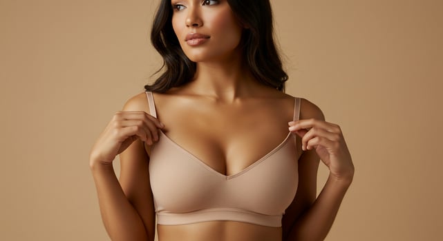 Woman adjusts bra straps in studio. Lingerie ad promoting comfort and fit photo
