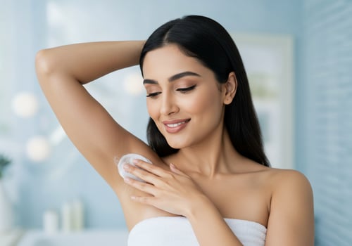 Woman applies deodorant in bathroom, showcasing body care, background blurred photo