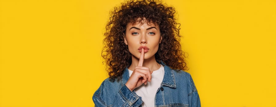 The young woman in denim jacket makes a shushing gesture against a bright backdrop. photo