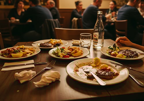 A table with plates of food and drinks photo