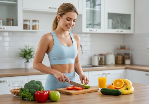 Woman cuts vegetables in a bright kitchen, with fruits on the counter. Healthy eating photo