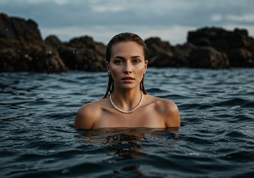 Woman emerges from ocean water, pearls, rocks on beach, serenity for wellness photo