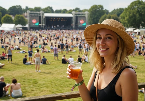 A woman in a hat holding a beer at a music festival photo