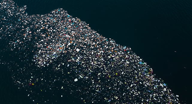 An aerial view of garbage floating in the ocean photo