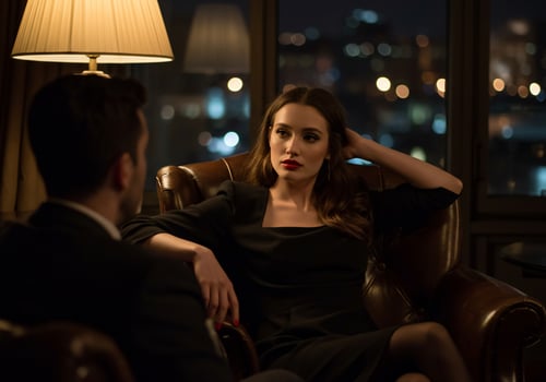 Woman in chair chats with man, city lights background. Lifestyle stock photo