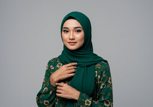 Woman in hijab poses in studio, looking at camera. Fashion photo shoot