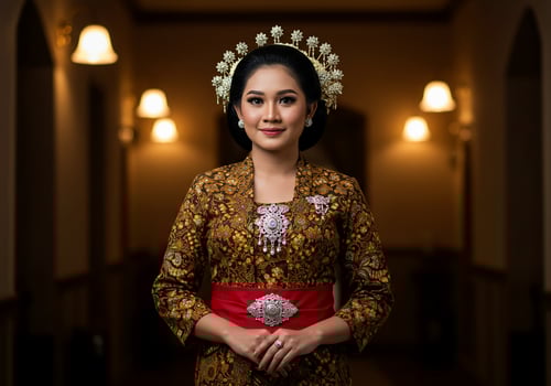 Woman in Javanese Kebaya at Hallway for cultural events or wedding invitation photo