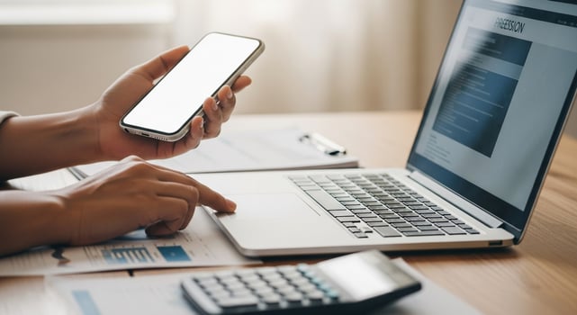 Businessman using smartphone and laptop computer to make a business deal photo