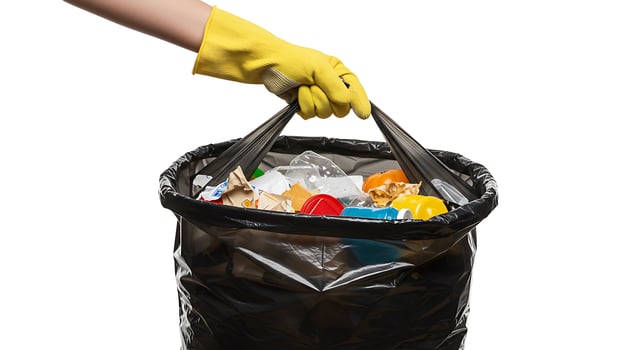 A person wearing yellow gloves is holding a trash bag full of garbage photo