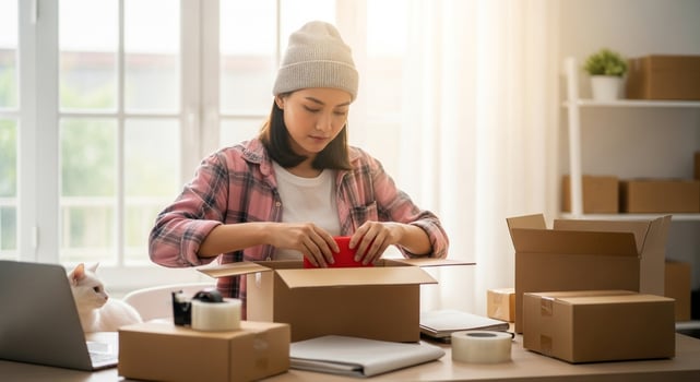 A woman is packing boxes in her home office photo