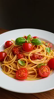 A plate of spaghetti with tomatoes and basil photo