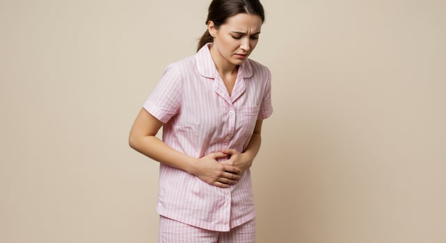 Woman in Pajamas Experiencing Stomach Pain photo