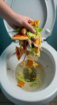 A person is eating a sandwich in a toilet photo