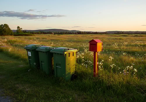 A field with trash cans and a red mailbox photo