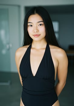 A woman in a black swimsuit posing for a photo