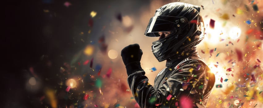 The racing driver celebrating victory amidst a shower of colorful confetti. photo