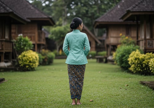 Woman in traditional dress stands in a lush garden with huts in background photo