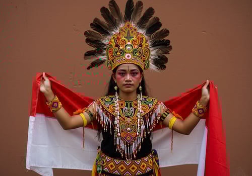 Woman in traditional garb holds Indonesian flag in celebration, against brown wall photo